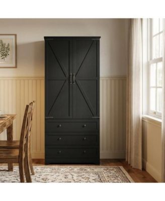 Farmhouse Kitchen Pantry Cabinet - Wood Kitchen Storage Cabinets with Adjustable Shelves & 2 Barn Doors & 3 Drawer