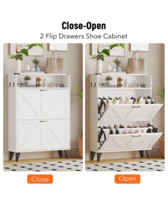 Shoe Storage Cabinet with 2 Flip Drawers, Freestanding Narrow Shoe Rack Cabinet with Open Shelf & Strong Metal Legs
