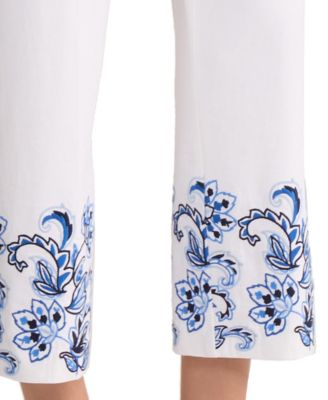 Women's Embroidered Linen-Blend Crop Pants