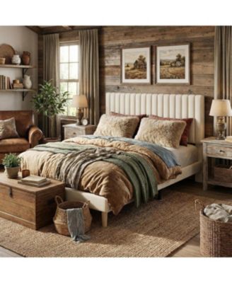  Upholstered Platform Bed Frame  Vertical Channel Tufted Adjustable Headboard, Strong Wooden Slats Support, No Box