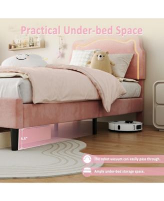  Bed Frame Pink Velvet Adjustable Bear Headboard Noise Free RGB Led Lights No Box Spring