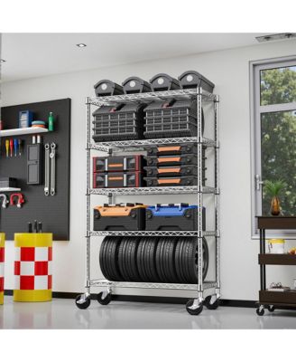 5-Tier Storage Shelves, Heavy Duty Metal Wire Shelving Unit, Adjustable Shelving Rack with Wheels for Basement, Warehouse, Chrome