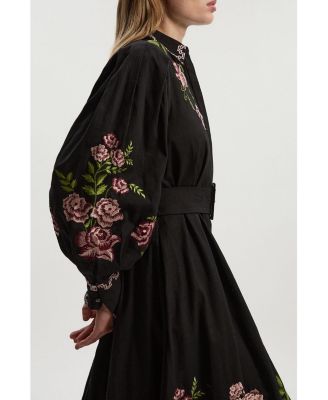 Women's Rose Embroidered Cotton Shirt Dress