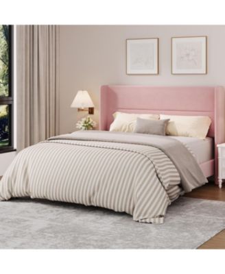 Bed Frame with Wingback Headboard, Velvet Upholstered Platform Bedframe with Wood Slats, No Box Spring Needed, Easy Assembly