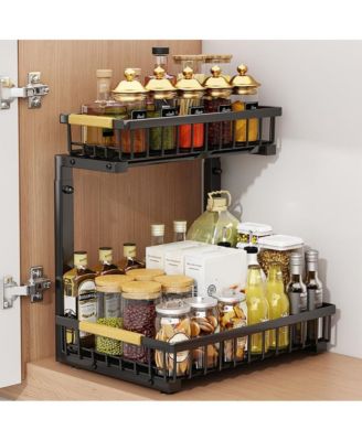 Under Sink Organizer, Under Kitchen Sink Organizers and Storage Basket, Slide Out 2 Tier Metal Shelf, Carbon Steel Pantry Cabinet Organizer