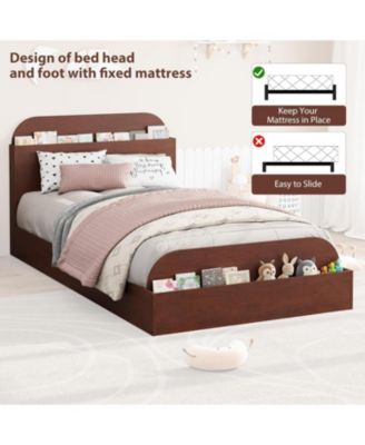 Full Bed Frame Wooden Storage Headboard Low Platform Sturdy Slats No Box Spring Space-Saving
