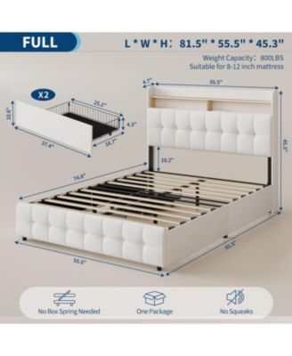 Full Size Bed Frame with 2 Storage Drawers, Upholstered Bed Frame Full LED Light, Double-Layer Bedside Headboard Charging Socket USB