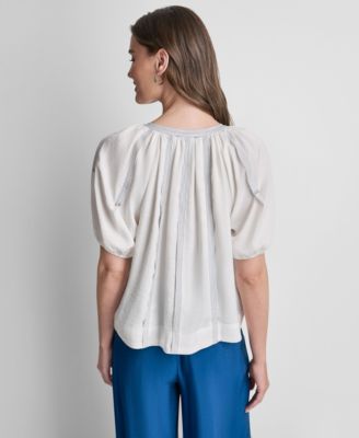 Women's Puff-Sleeve Top Stitch Tie-Front Top