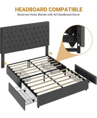 King Platform Bed Frame 4 Drawers Linen Upholstery Wood Slats No Box Spring Needed Noise Free Easy