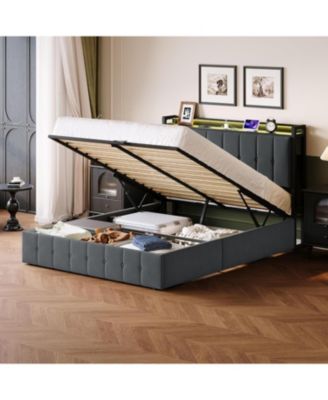 Queen Bed Frame with Lift Up Storage and LED Upholstered Storage Headboard Charging Metal Platform Bed Wood Slats No Box Spring