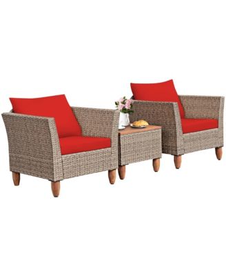 3PCS Rattan Patio Conversation Furniture Set w/ Wooden Feet Cushions