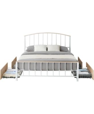 Queen Metal Bed Frame With Headboard and Footboard 4 Storage Drawers No Box Spring Space Saving