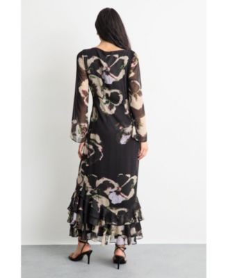 Women's Printed Scoop Neck Ruffle Hem Midi Dress