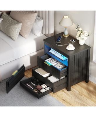24" Modern LED Nightstand with 3 Drawers and Charging Station