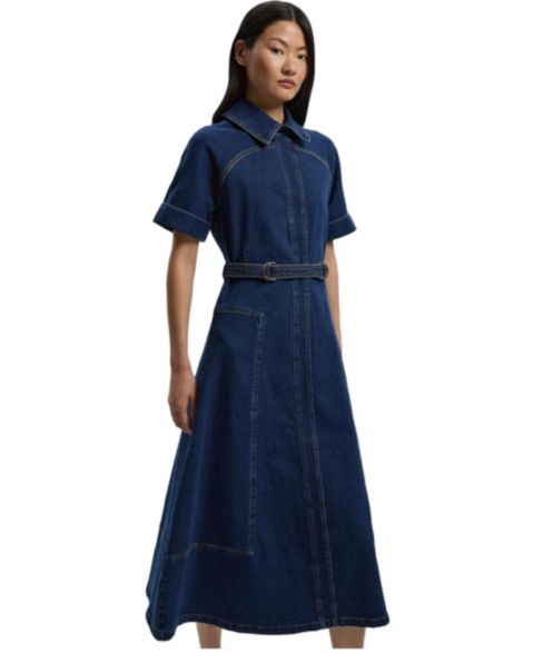 Женское платье Karen Millen Petite Stretch Denim Tab Belt Midi, цвет: Средняя варка