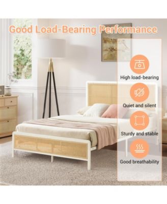 Full Rattan Bed Frame With LED Headboard Metal Platform Storage Rounded Corners Noise Free No Box Spring