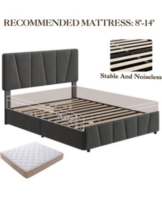 Full Bed Frame Adjustable Headboard 4 Drawers Upholstered Platform Wooden Slats No Box Spring