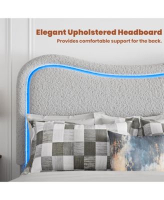 Boucle Upholstered Queen Bed Frame with Headboard Soft Cloud Bed Thick Footboard Rounded Corners No Box Spring
