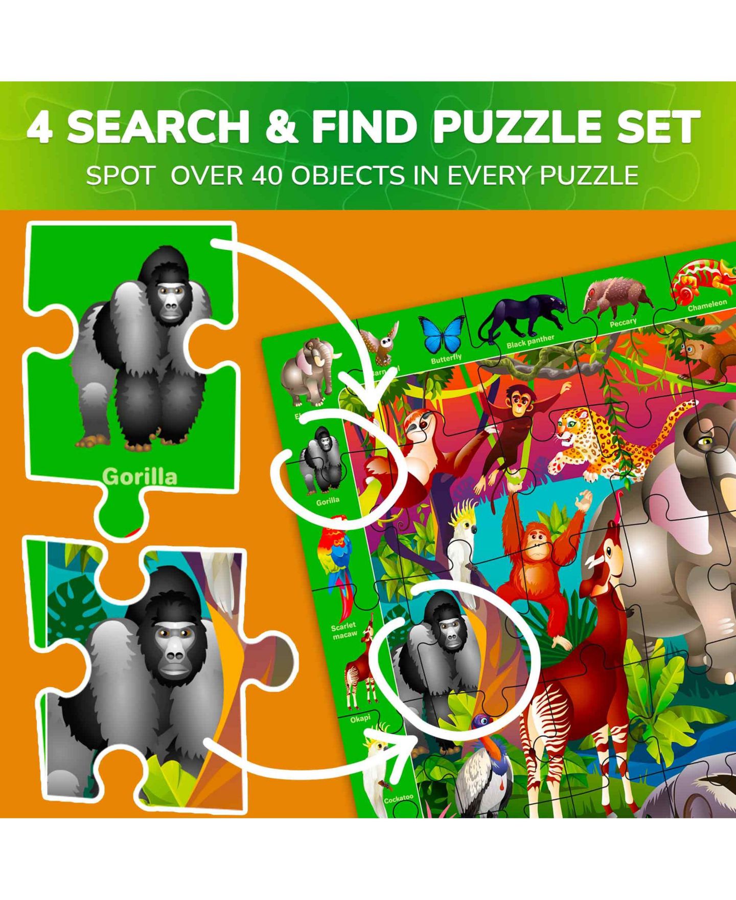 Детские игрушки Quokka Search & Find Puzzles, 4-Piece Set, Ages 4+, цвет: Тёмно-зелёный — фото 3