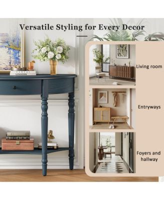 Farmhouse Navy Half Moon Console Table with Drawer & Shelf