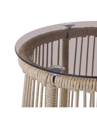Outdoor Rope Weave Tempered Glass Top Side Table