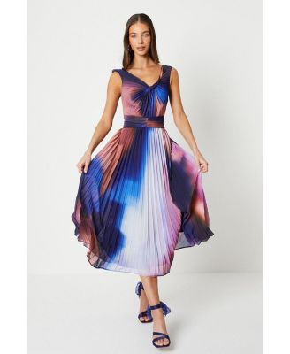 Women's Printed Pleated V-Neck Midi Dress