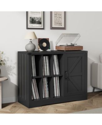 Farmhouse Record Player Stand with Barn Doors, Turntable Table with Display Shelves, Wooden Media Console & LP Record Holder for Living Room