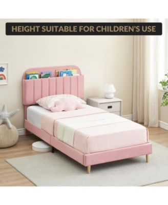 Twin XL Bed Frame Storage Headboard Velvet Upholstered Platform Bed Kids Wood Slats Noise Free Light