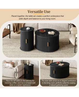 Mid-Century Coffee Table Set, Round Fluted End Table With Storage, Golden Handle and Sliding Tambour Door, Side Table for Living Room