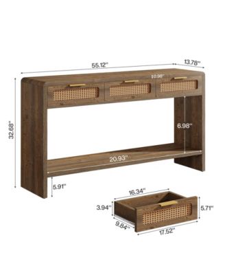 Entryway Table with 3 Rattan Drawers, Narrow Console Sofa Table with 2-Tier Open Storage Shelf