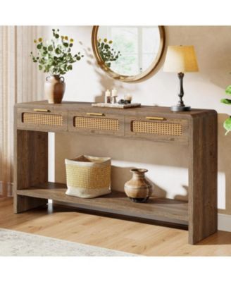 Entryway Table with 3 Rattan Drawers, Narrow Console Sofa Table with 2-Tier Open Storage Shelf