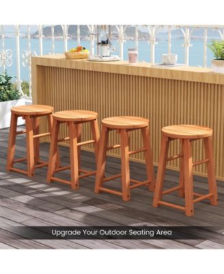 Outdoor Wood Bar Stools Set of 4 w/Round Seat Footrest Patio Backless Barstools