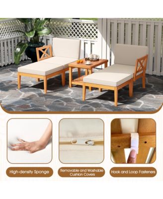 5 PCS Acacia Wood Patio Chaise Lounge Chair Set w/ 2-Tier Coffee Table Cushions