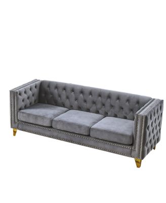 Velvet Sofa for Living Room, Tufted Square Arm Couch, Modern Upholstered Button & Metal Legs