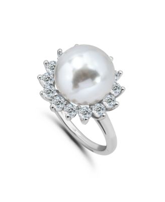 1.0 Cttw 2mm Round Cubic Zirconia Halo 11mm Imitation Pearl on Polish Band Ring