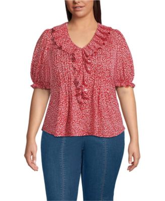 Plus Size Women's Puff Sleeve Slub Ruffle Pintuck Top