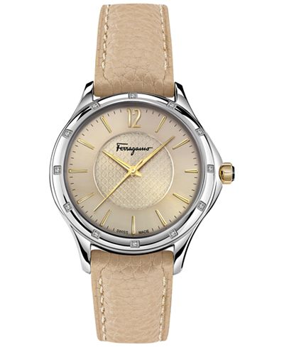 Ferragamo Women's Swiss Time Diamond Accent Bisque Leather Strap Watch 33mm FFV02 0016