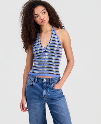 Juniors' Striped Halter-Neck Rib-Knit Vest
