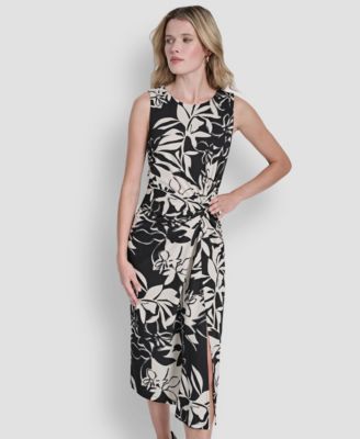 Women's Sleeveless Jewel Neck Side Knot Floral Midi Dress