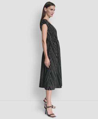 Women's Short Puff-Sleeve Striped Jewel Neck Midi Dress