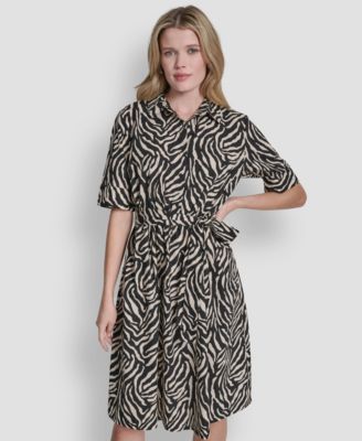 Women's Elbow Sleeve Collared Neck Button-Front Belted Shirtdress