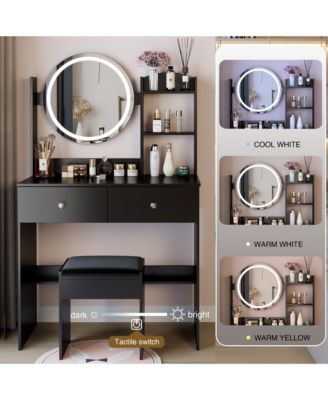 Space Saving Small LED Vanity Table with Basic Mirror White and Cushioned Stool Makeup