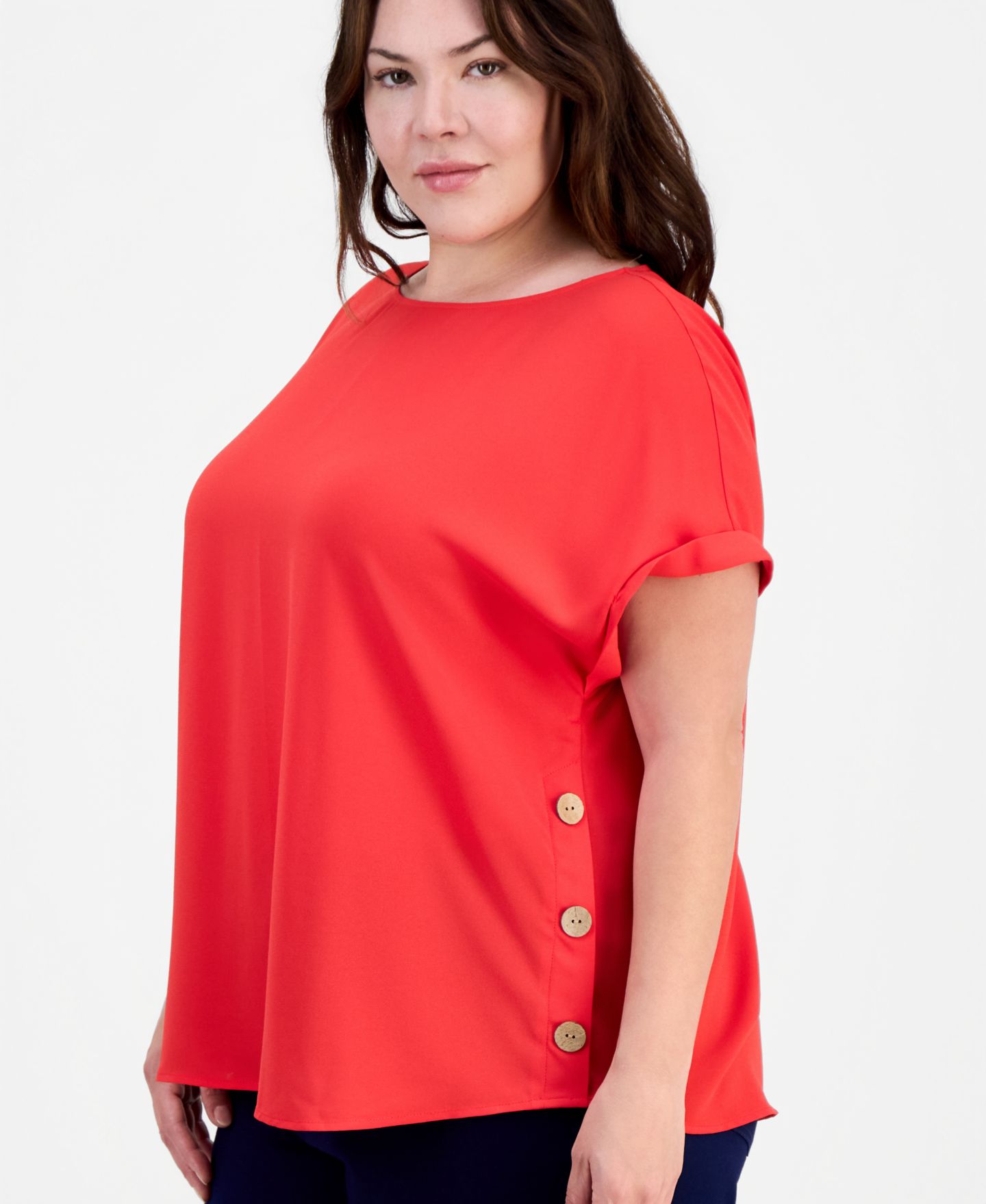 Женский топ Jones New York Plus Size Button-Trim Short-Sleeve, цвет: Rouge — фото 3