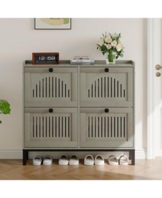 Shoe Storage Cabinet with 4 Flip Drawer, Shoes Organizer with Hollow Out Panel & Square Handles