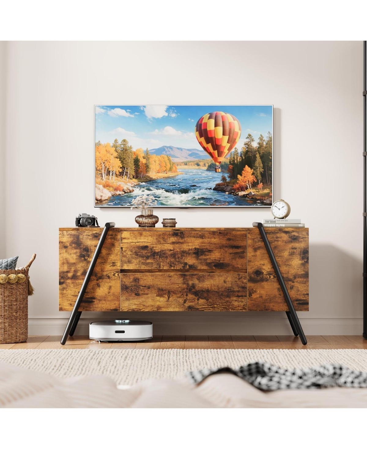 gaomon Modern Tv Stand, Wood Entertainment Center, 2 Drawers, Side Open Shelves, U-Shaped Metal Base, Fits up to 65".