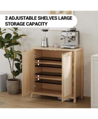 Freestanding Rattan 2-Door Storage Cabinet with 2 Adjustable Shelves, Natural Wood Accent Cabinet, Large Capacity Buffet Sideboard.