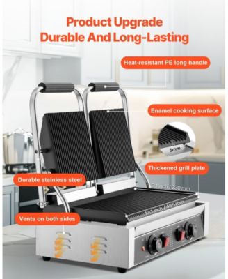 Commercial Electric Panini Press Grill with Full Grooved Plates and Temperature Control