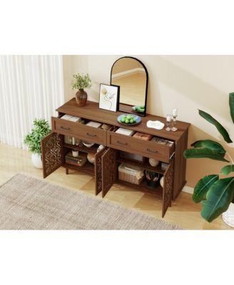 Vintage Sideboard Buffet Cabinet, Hand-Carved Doors, 2 Drawers, 4 Doors