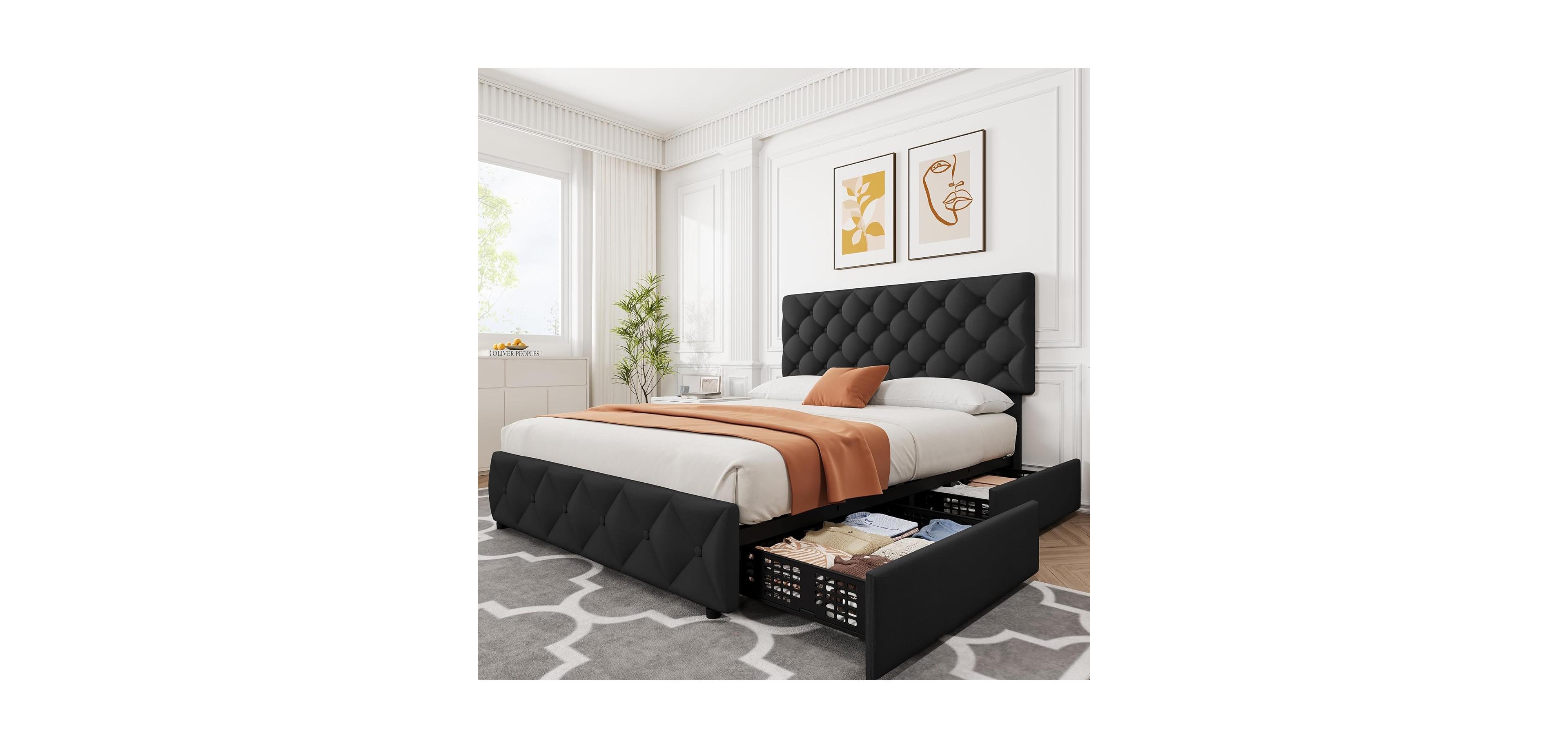 gaomon Queen Bed Frame 4 Drawers Adjustable Headboard Linen Upholstered Diamond Tuft No Box Spring