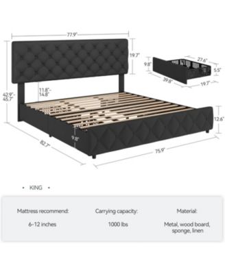 King Size Bed Frame with 4 Storage Drawers, Linen Upholstered Headboard/Footboard, Diamond Tufted